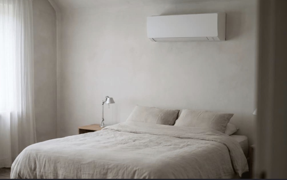 Witte Daikin split-airco boven een bed in een rustige slaapkamer