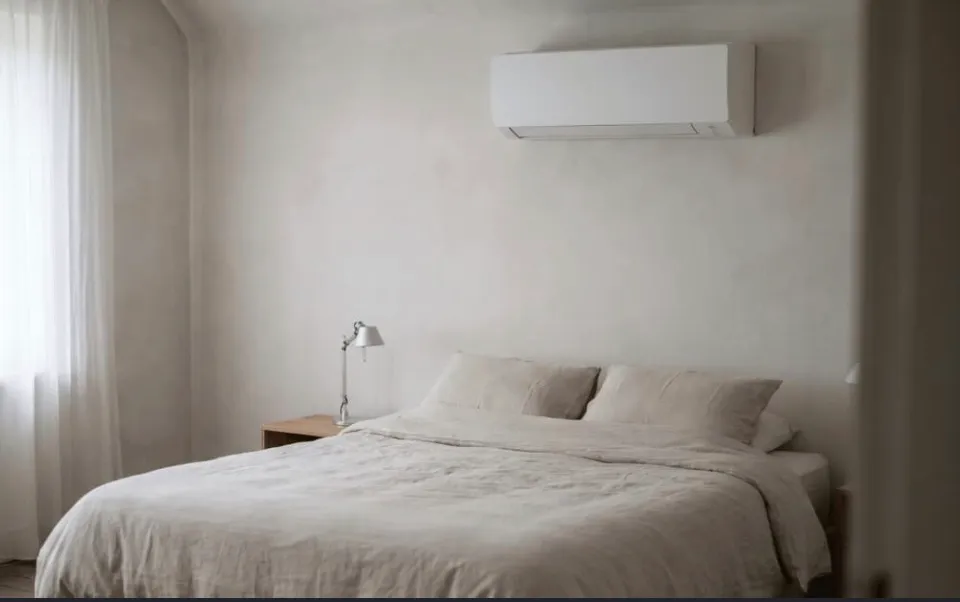 Witte split-airco boven een bed in een rustige slaapkamer